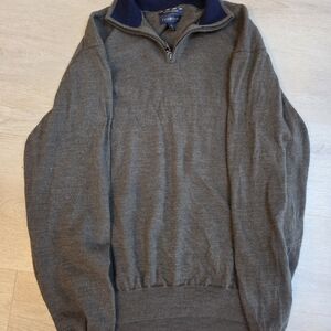 Club Room Gray 100% Merino Wool Zip-Up Sweater with Navy Collar